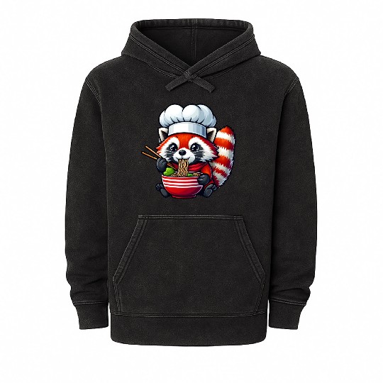 Kawaii Anime Red Racoon Eat Japanese Ramen Noodles Mineral Wash Hoodies