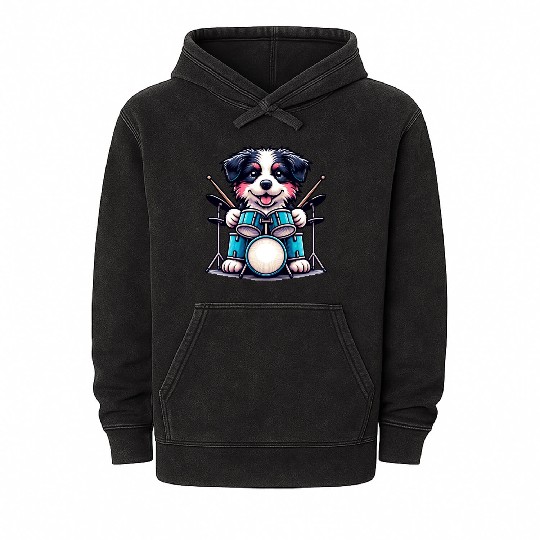 Cool Border Collie Drummer Puppy Design Mineral Wash Hoodies