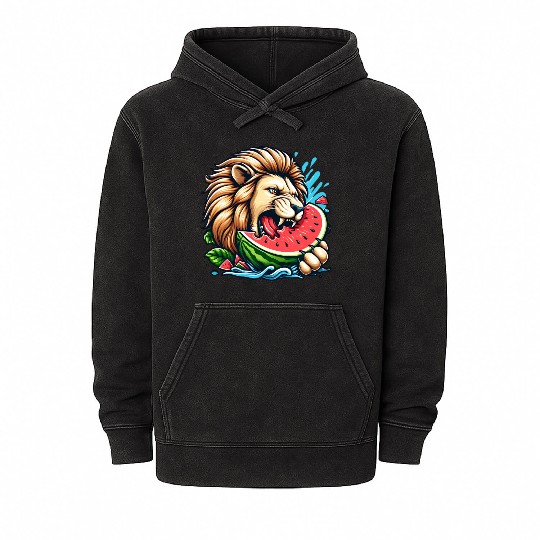 Lion Enjoying a Juicy Watermelon Mineral Wash Hoodies