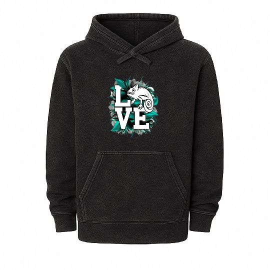 Chameleon Lizard Love Green Teal Text Design Mineral Wash Hoodies