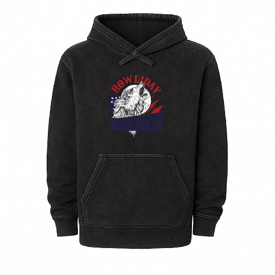 Wolf 4th of July American Flag Howling Wolves Mineral Wash Hoodies