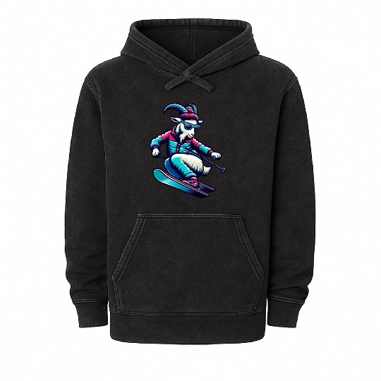 Funny Goat Skiing Down The Snowy Slopes Mineral Wash Hoodies