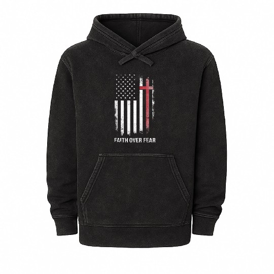 US USA Flag American Faith Over Fear Cross Mineral Wash Hoodies
