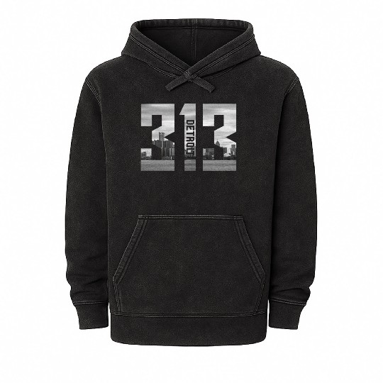 Detroit Michigan 313 Area Code Skyline Mineral Wash Hoodies