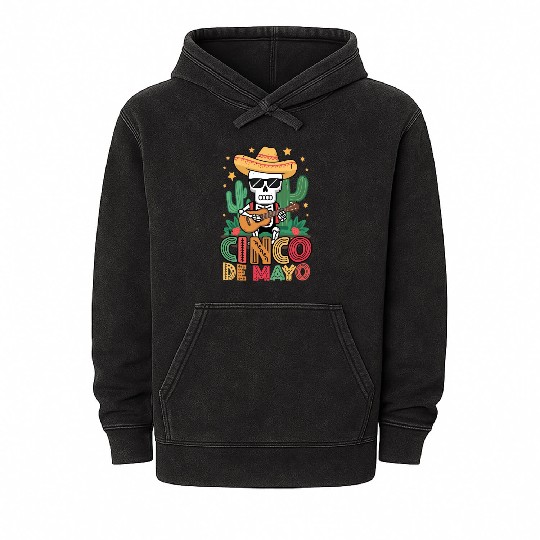 Mexican Fiesta Fun Skeleton Skull Sombrero Guitar Mineral Wash Hoodies