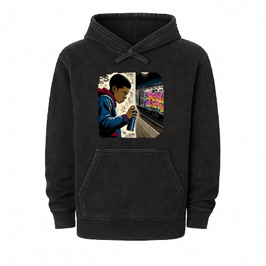 AI Teen in Underground Subway Layup -Masked Border Mineral Wash Hoodies