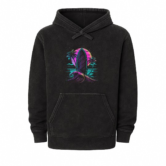 Retro Wave Neon Surf Vintage Surfer Gift Mineral Wash Hoodies