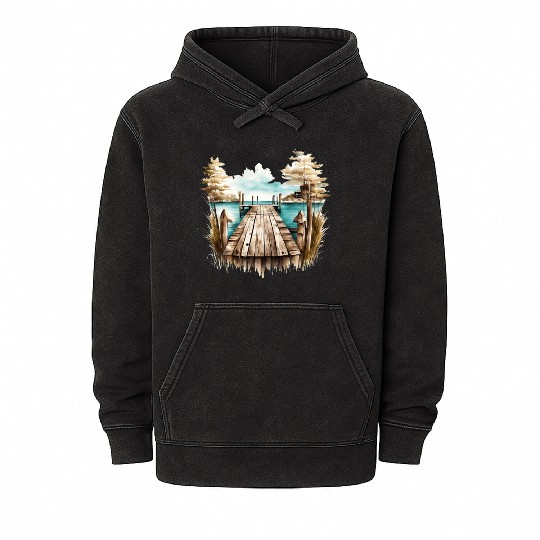 Wooden Dock By A Peaceful Lake Mineral Wash Hoodies