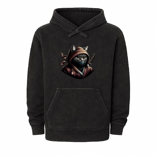 Shadow Paws: The Silent Whiskers of the Ninja Cat Mineral Wash Hoodies