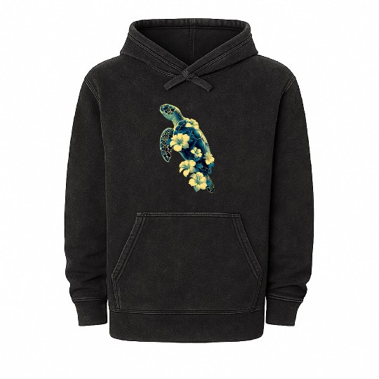 Nature Inspired Floral Sea Turtle with Tropical Fl Mineral Wash Hoodies