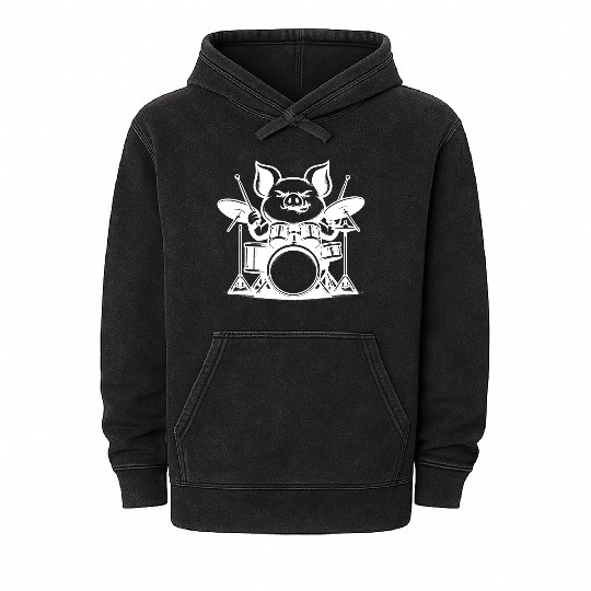 Pig Drummer Farm Beat White Design Mineral Wash Hoodies