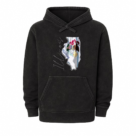 Illinois State Flag in Illinois State Map IL Mineral Wash Hoodies