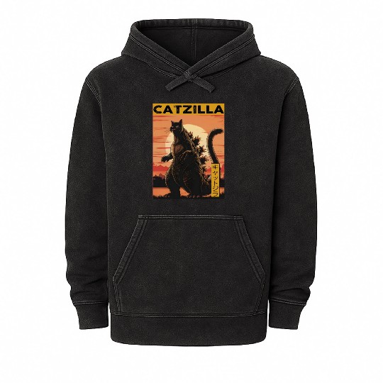 Catzilla Vintage Funny Cute Cat Art Japanese Sunse Mineral Wash Hoodies