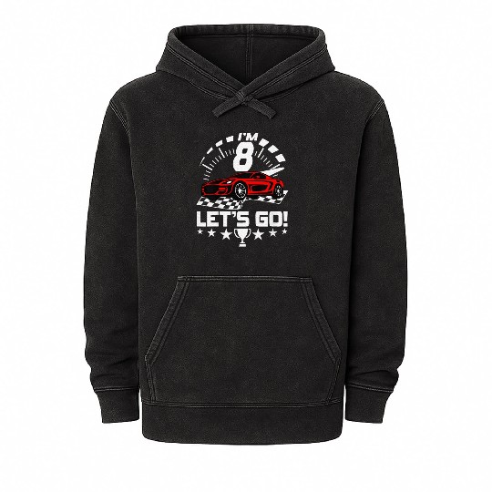 Kids 8th Birthday Boy 8 Eighth Race Car Birthday Mineral Wash Hoodies