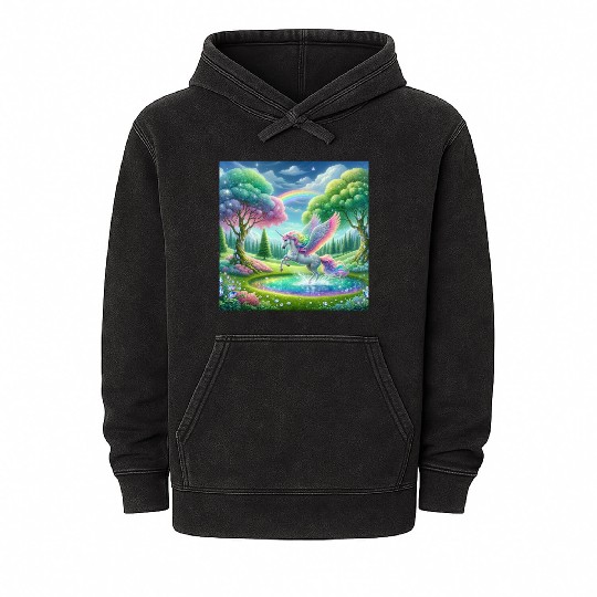 Enchanted Rainbow Unicorn Over Sparkling Pond Mineral Wash Hoodies