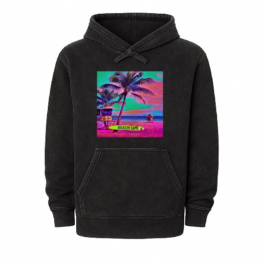 Neon Beach Life Scene 90's Vibes - Surfboard, Sand Mineral Wash Hoodies