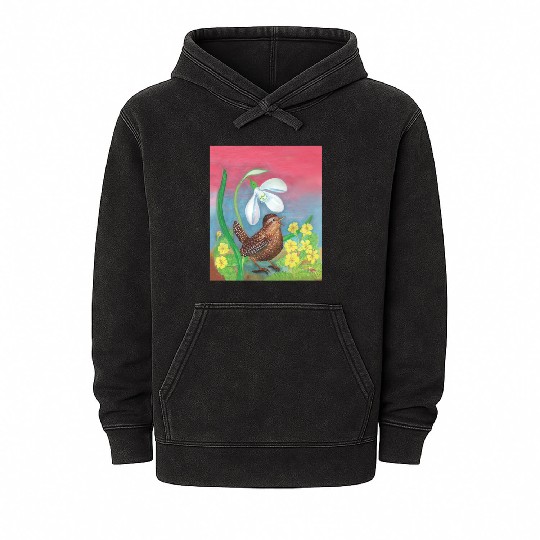 White Snowdrop & Wren Bird in Spring Illustration Mineral Wash Hoodies