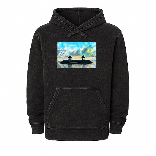 Peaceful sunset on beach scene with acrylic Mineral Wash Hoodies