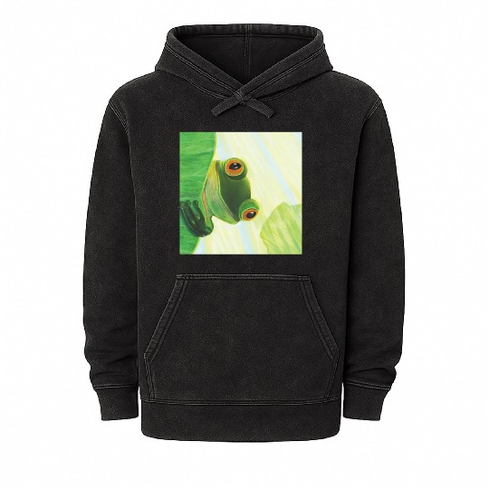 Cute Green Frog Peeping out From Behind Lily Pad Mineral Wash Hoodies