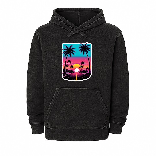 Lonely Road to Miami Sunset Vaporwave 80s Mineral Wash Hoodies