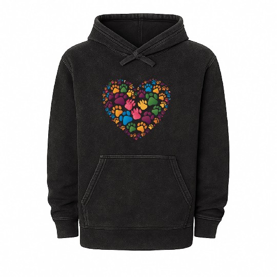 Colorful Cat Paw Prints Forming a Heart Shape Mineral Wash Hoodies