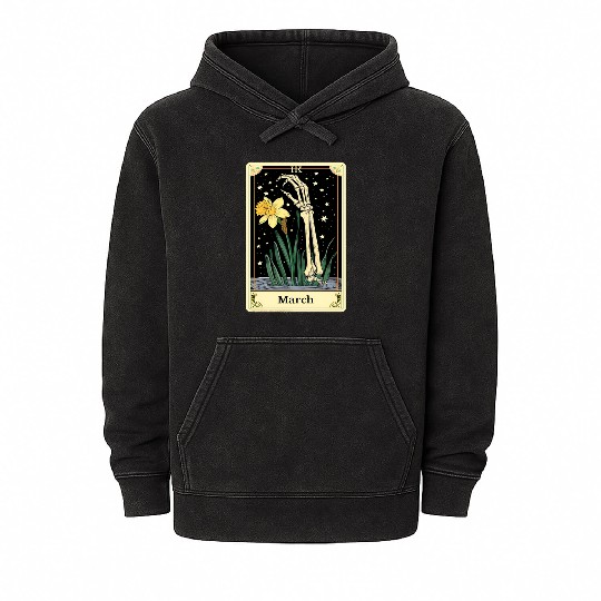 March Gothic Tarot Card - Daffodil Flower & Skelet Mineral Wash Hoodies
