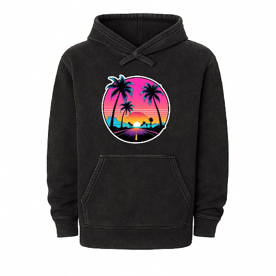 Beach road sunset driving on a lonely road. Mineral Wash Hoodies