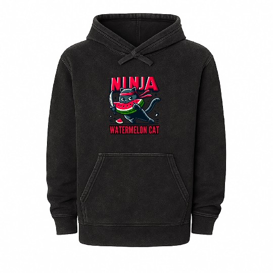 Ninja Cat Watermelon Swordplay Mineral Wash Hoodies