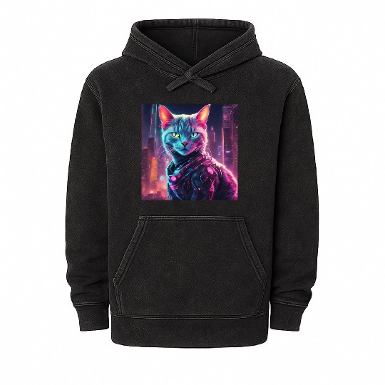 Cyberpunk Neon Cat Mineral Wash Hoodies