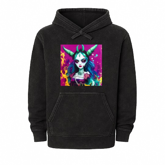 Goth Devil Demon Vampire Girl Street Pop Art Mineral Wash Hoodies