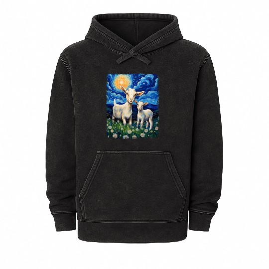 Goats Farm Animals Farmer Starry Night Painting Mineral Wash Hoodies