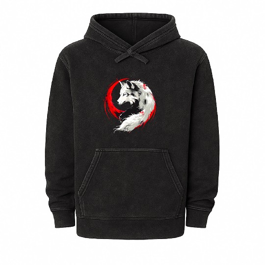 Lunar Red White Wolf Mineral Wash Hoodies