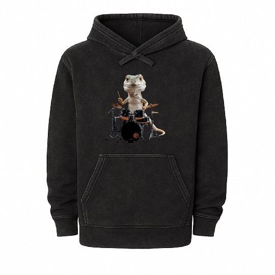 Lizard Playing Drums Realistic Mineral Wash Hoodies