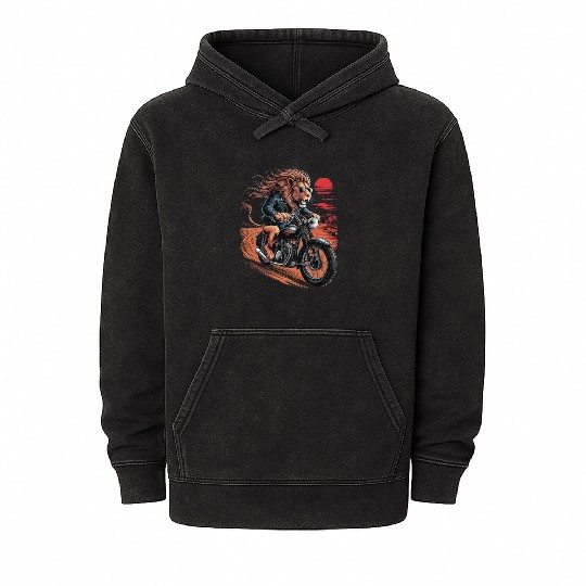 Cool Lion Riding Motorcycle Graphic for Biker Mineral Wash Hoodies