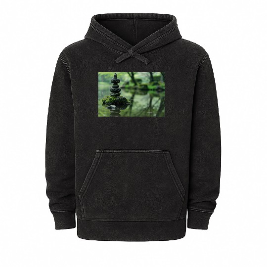 Zen Stone Stack Reflected in Tranquil Pond Mineral Wash Hoodies