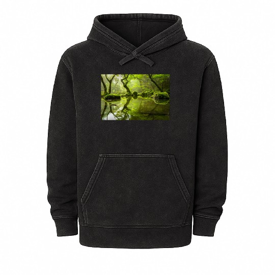 Enchanted Forest Reflections in Tranquil Pond Mineral Wash Hoodies