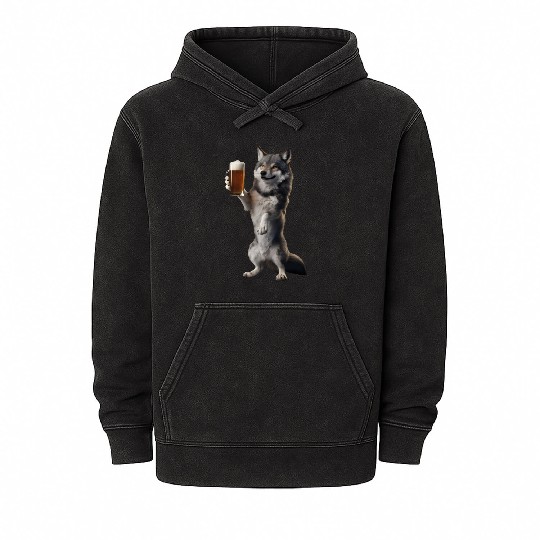 Wolf Drinking Beer Realistic Mineral Wash Hoodies