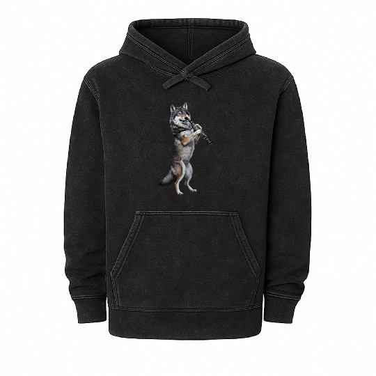 Wolf Playing Clarinet Realistic Mineral Wash Hoodies