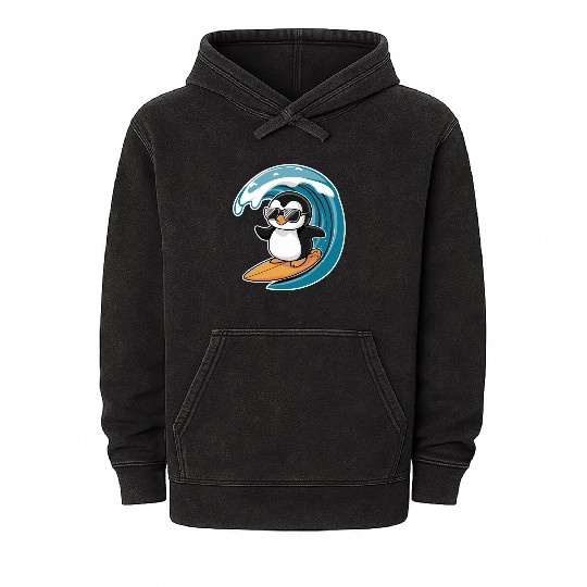 Cool Surfing Penguin Riding the Waves Mineral Wash Hoodies