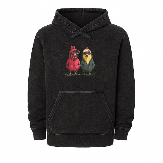 Stylish chickens sporting trendy Mineral Wash Hoodies