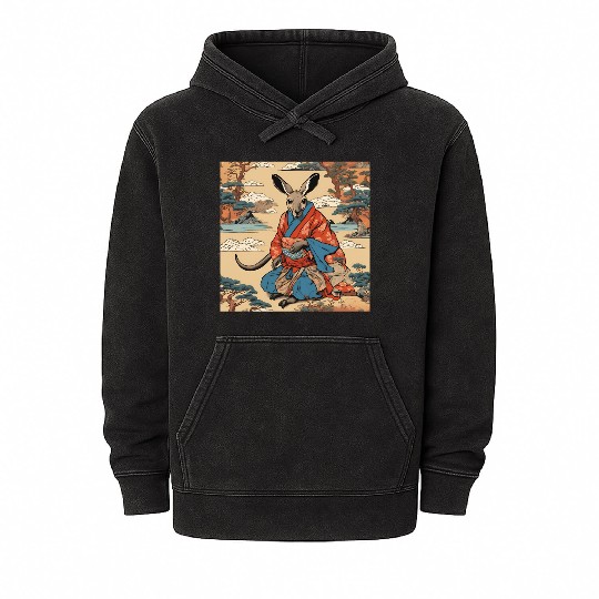 Retro Ukiyo-e Style Kangaroo Caricature Mineral Wash Hoodies