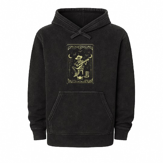 Tarot Card Celestial Cowboy Skeleton Plays Guitar Mineral Wash Hoodies