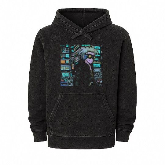 Cyberpunk Street Wanderer with Futuristic Goggles Mineral Wash Hoodies