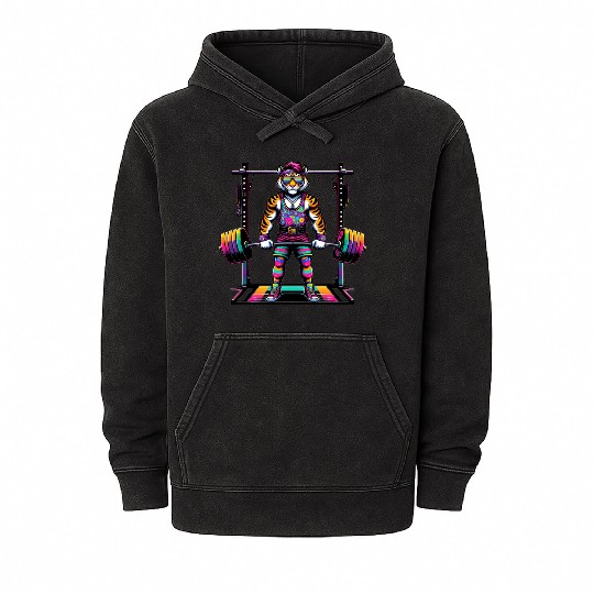 Muscular Rainbow Tiger Deadlifting Mineral Wash Hoodies