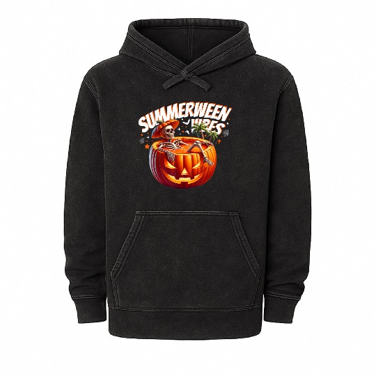 funny Summerween Vibes Skeleton Pumpkin Summer Vac Mineral Wash Hoodies