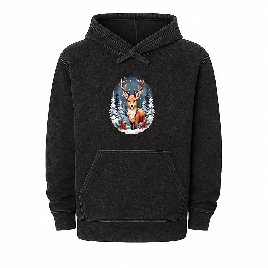 Christmas Deer with Poinsettia and Snow Mineral Wash Hoodies