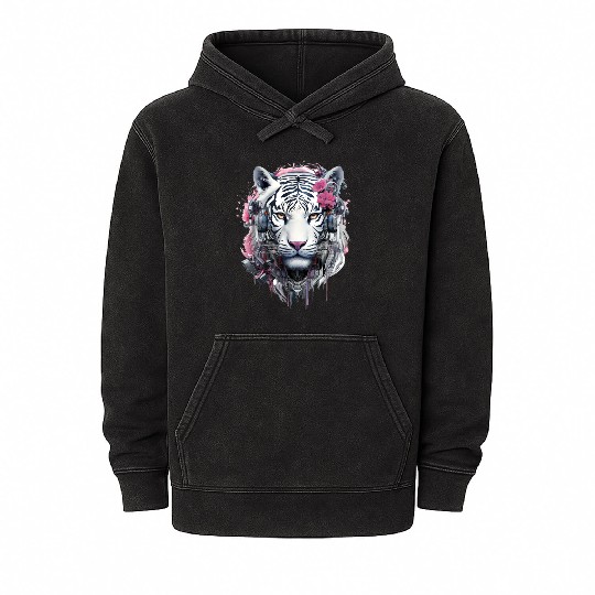 Tiger Animal Nature Motif Drawing Illustration Fac Mineral Wash Hoodies