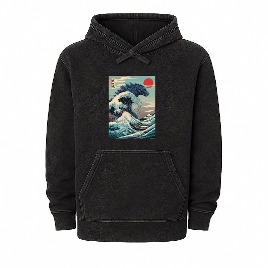 Kaiju Monster Japanese Great Wave Anime Graphic Mineral Wash Hoodies