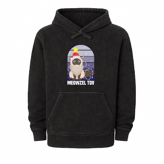 Meowzel Tov Hanukkah Black Cat Christmas Lights Mineral Wash Hoodies