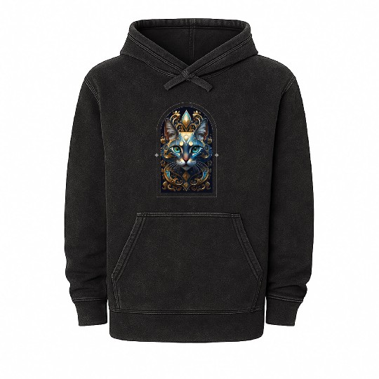 Elegant stylish blue and gold cat face Mineral Wash Hoodies